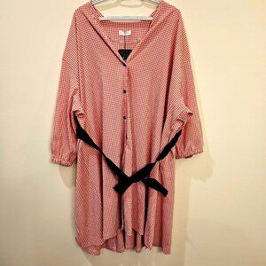 Ellazhu Womens Red White Gingham Long Oversized Button-Up Dress W/ Black Ribbon